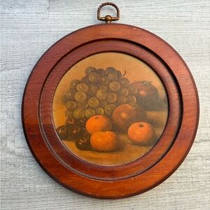 Vintage Painting Mid Century Fruit Still Life Cottagecore Round Wood Frame Decor